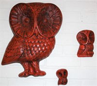 3 Vintage Chalkware Owls Wall Art