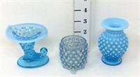 Blue Opalescent Hobnail Cornucopia, Toothpick &