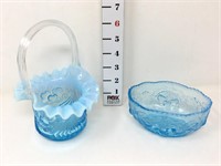 Blue Opalescent Cherry Pattern Basket & Dish