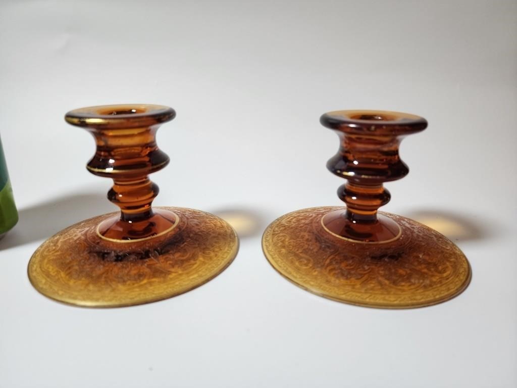 Cambridge Etched Glass Amber Candlestick Holders