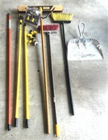 Assorted Brooms, Light Bulb Poles & Dustpan