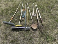 Yard Tools Incl Pitch Forks, Axe, Spade, Broom &