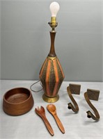 MCM Lamp; Metal Candle Scone & Teak Wood Bowl