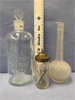Nitric Acid bottle, 8" frosted glass vase and a 4"