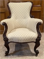 ANTIQUE VICTORIAN CARVED PARLOR CHAIR CREAM UPHOLS