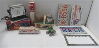 License plates, milk bottle, antique toaster etc.
