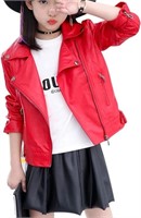 Girls' PU Leather Motorcycle Jacket, Red Size160