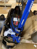 Three razor scooters with missing parts and