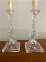 1920's Pair Moulded Glass 10" Candlesticks