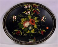 Decorated tole tray, flowers, 25"x20" oval,