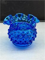 Fenton Cobalt Blue Hobnail Round Vase, Crimped Top