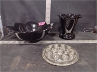 Black Amythest Glass Bowl, Vase, & Flower Frog