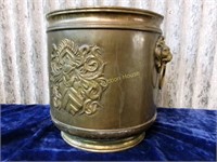 Large Embossed Brass Tub With Lion Head Handles