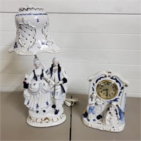 VTG Blue & White w/ Gold Trim Lamp & Clock