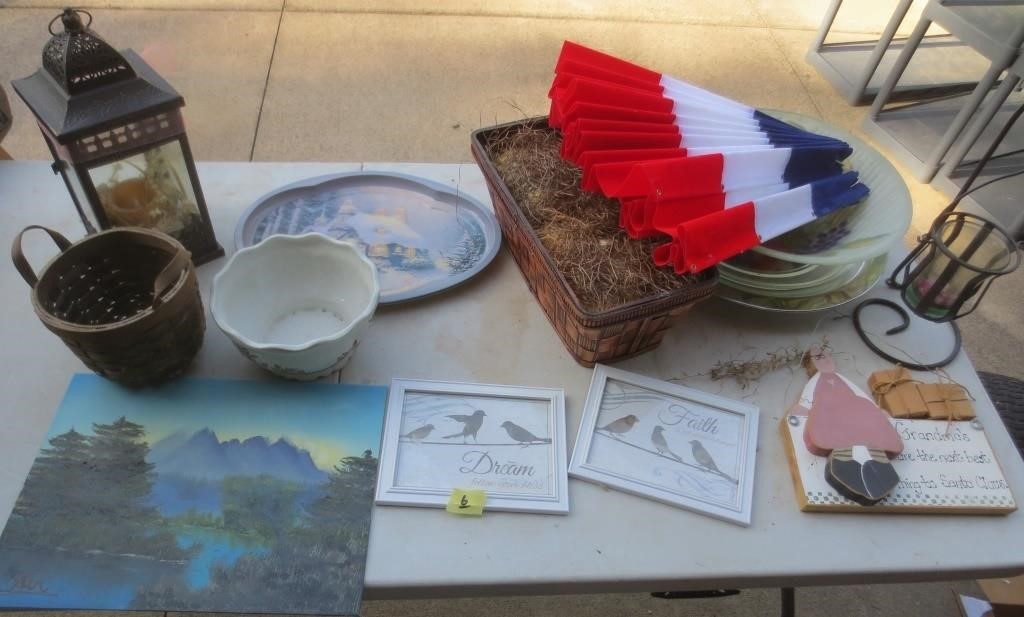 Signs, basket, flag, candle holders, misc