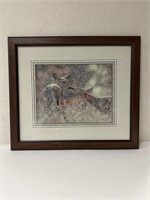 Framed deer in the snow photograph signed