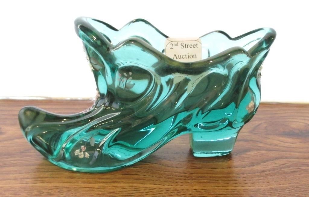 Fenton Signed HP Teal Glass Shoe