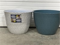 2 Large 16 Inch New Planters Blue & Gray Plastic