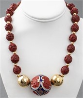 Chinese Cinnabar, Cloisonne, & Gold-Tone Necklace