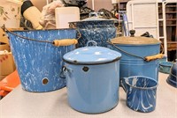 Vintage Blue Enamelware Pots & Cup