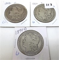 3 - 1890-O Morgan silver dollars