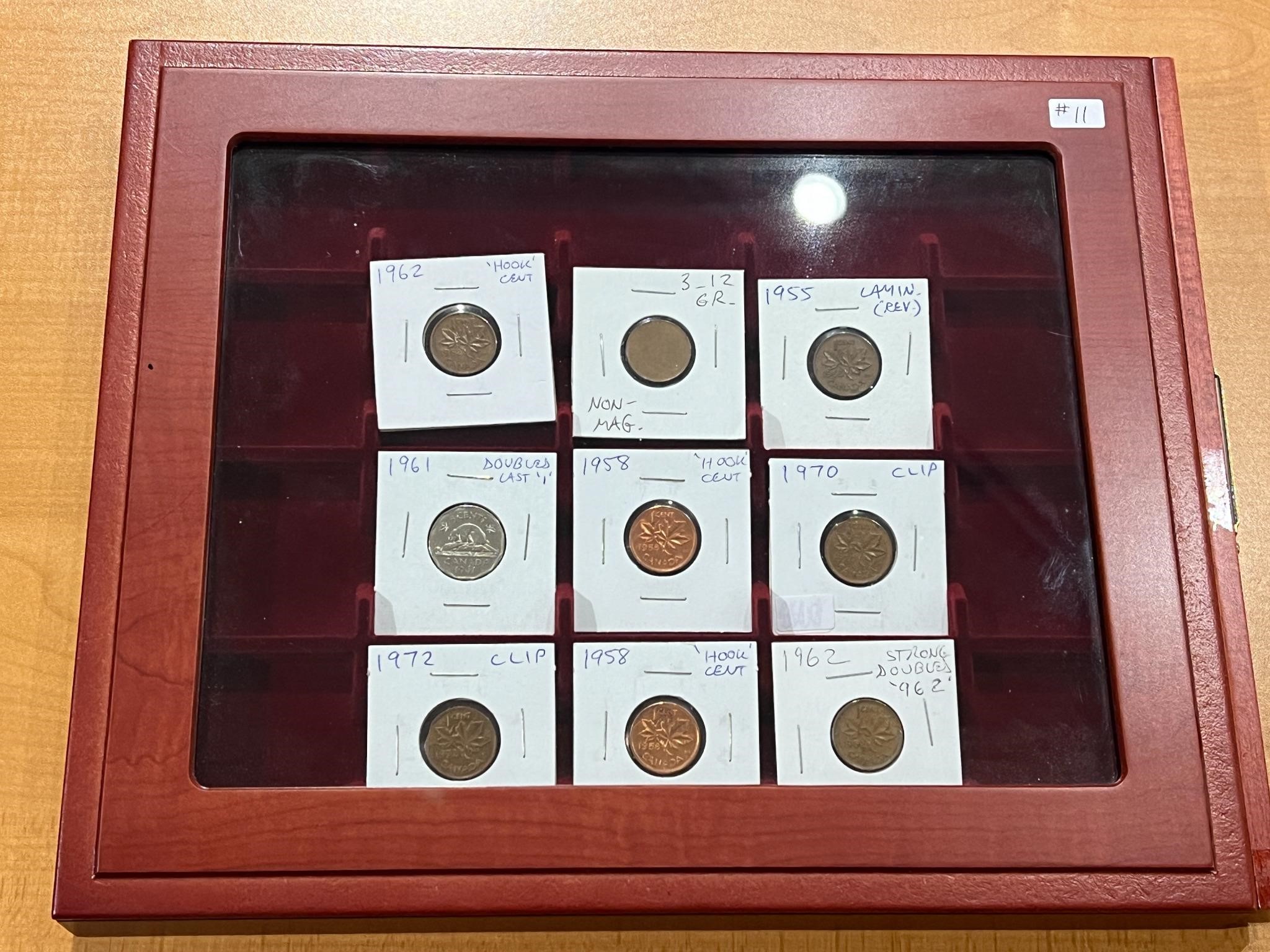 9- Cdn $.01 and $.05 Varieties in Wood Display