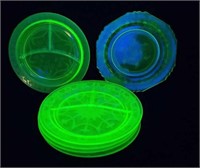 (6) Asst Green Vaseline Depression Glass Plates