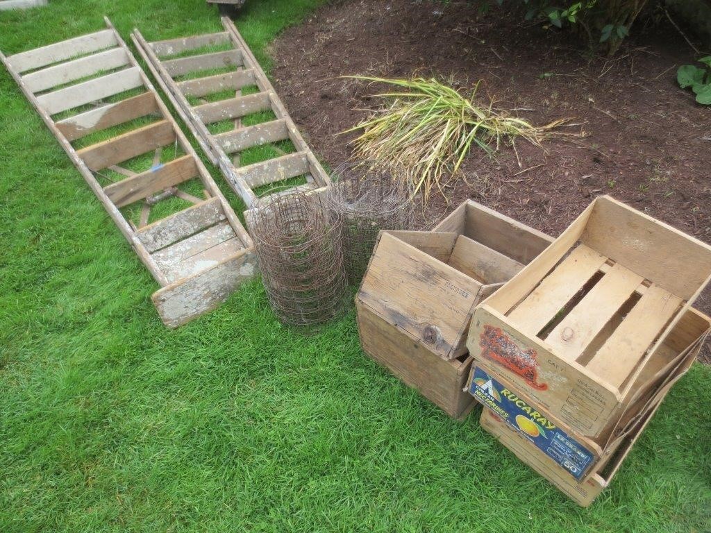 2 wood stepladders, wire, boxes