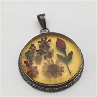 Sterling Silver Dried Flower Pendant In Casing