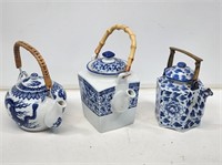 3 Blue and White China Teapots