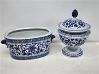 Blue and White China Compote and Planter