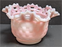 3.5" Fenton Pink/White Milk Glass Basket Weave