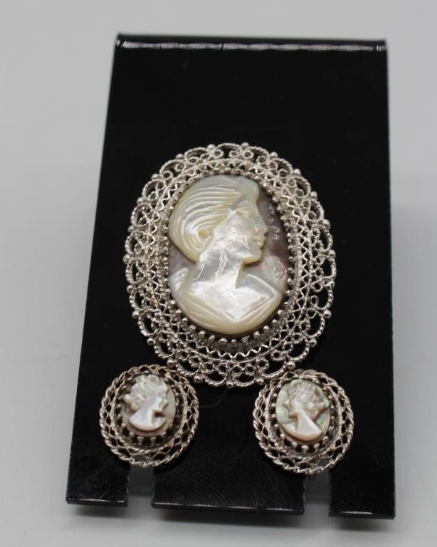 Cameo Pin or necklace & Earrings Sterling