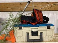 Tackle box, bass pro shop bag, fishing net