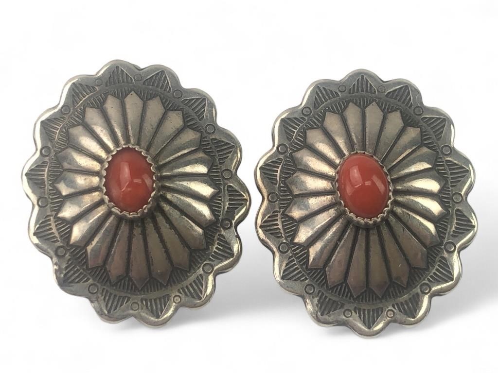 Vintage Sterling & Coral Native American Earrings