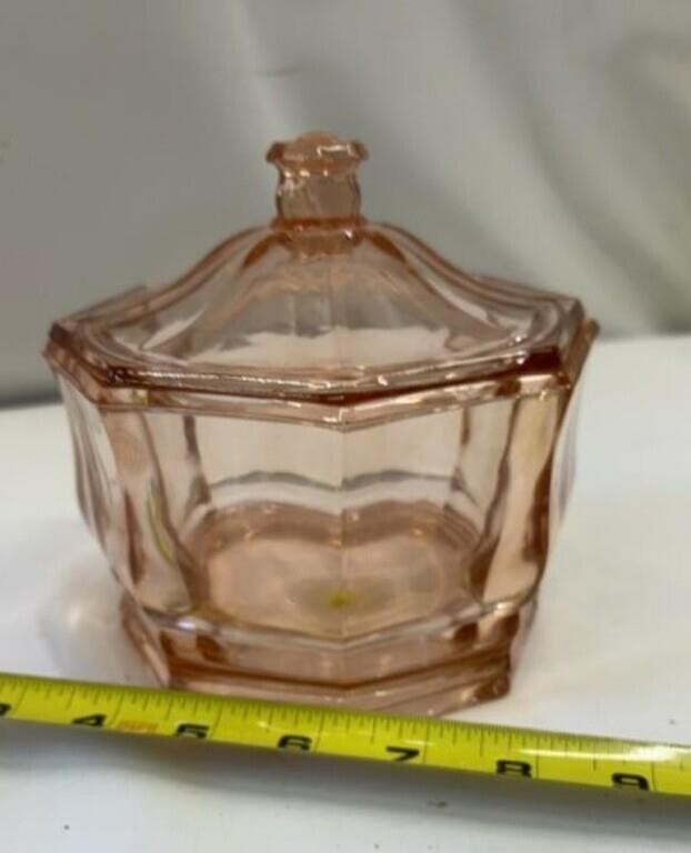 Octagonal Pink depression glass candy dish w/ lid