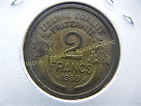 1939 French 2 Franc Brass coin. BU. Some lustre.