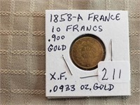 1858A France 10 Francs 0.900 Gold 0.933 oz Gold X