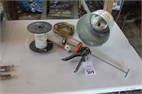 Bucket Lamp, caulk gun, spool of wire, etc.