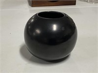 Pueblo Black Pottery Bowl, Signed