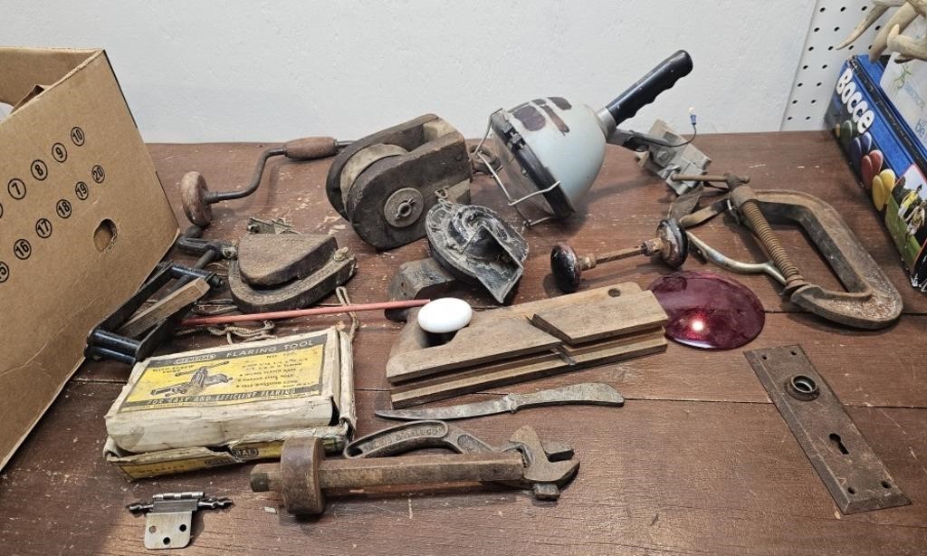 Tools- Wooden Pulley, Drill Brace, Door Hardware