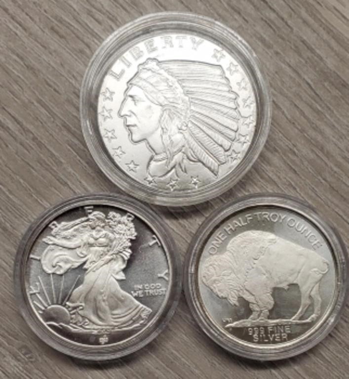 (3) 1/2 oz Silver Rounds