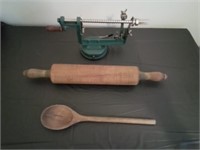 Apple peeler, Rolling pin and wooden spoon