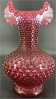 Fenton Cranberry Opal Hobnail Ruffle Vase