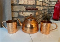 Copper Tea Kettle with Two Hammered Copper Mugs