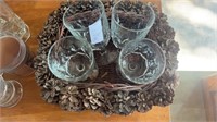 4 Glass Cups w/ pinecone Bowl