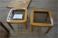 pair of solid oak end tables with bevelled