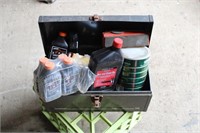 METAL TOOLBOX WITH OIL, TOOLS, ETC.
