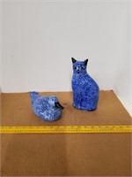 Blue Speckled Ceramic Cat & Duck