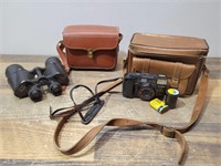 Binoculars, Canon Camera and Cases (one is empty)